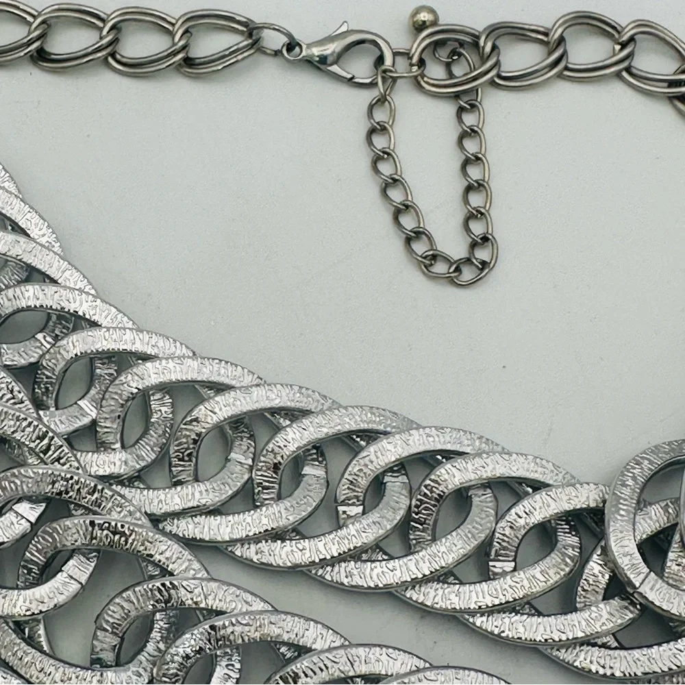 Silver Multi-Row Chain Link Chunky Statement Necklace - Picture 10 of 10